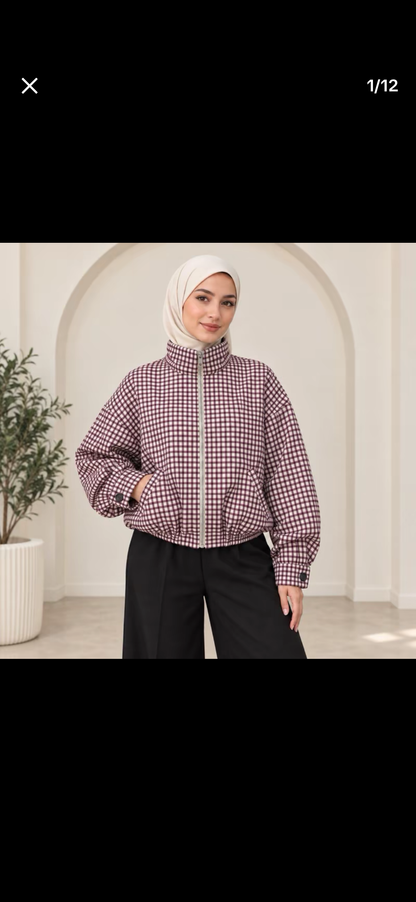 Veste à carreaux avec fermeture éclair et manches élastiques SALIHA MODE