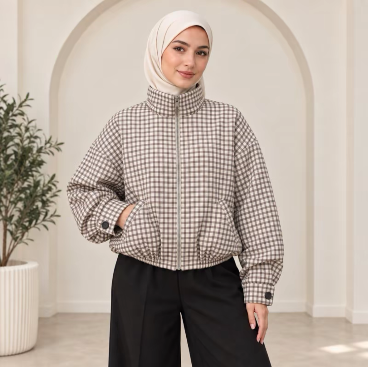 Veste à carreaux avec fermeture éclair et manches élastiques SALIHA MODE
