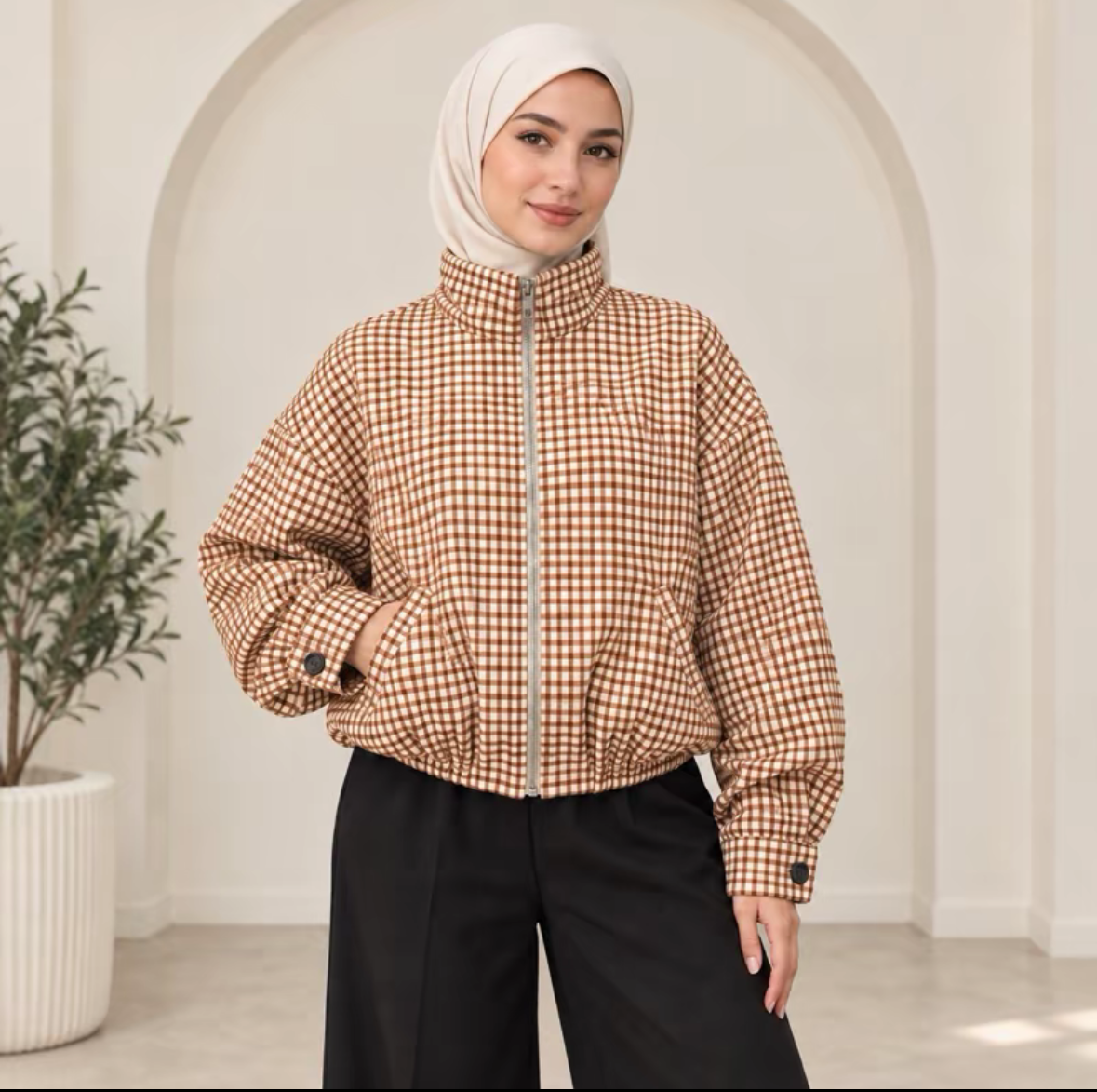Veste à carreaux avec fermeture éclair et manches élastiques SALIHA MODE