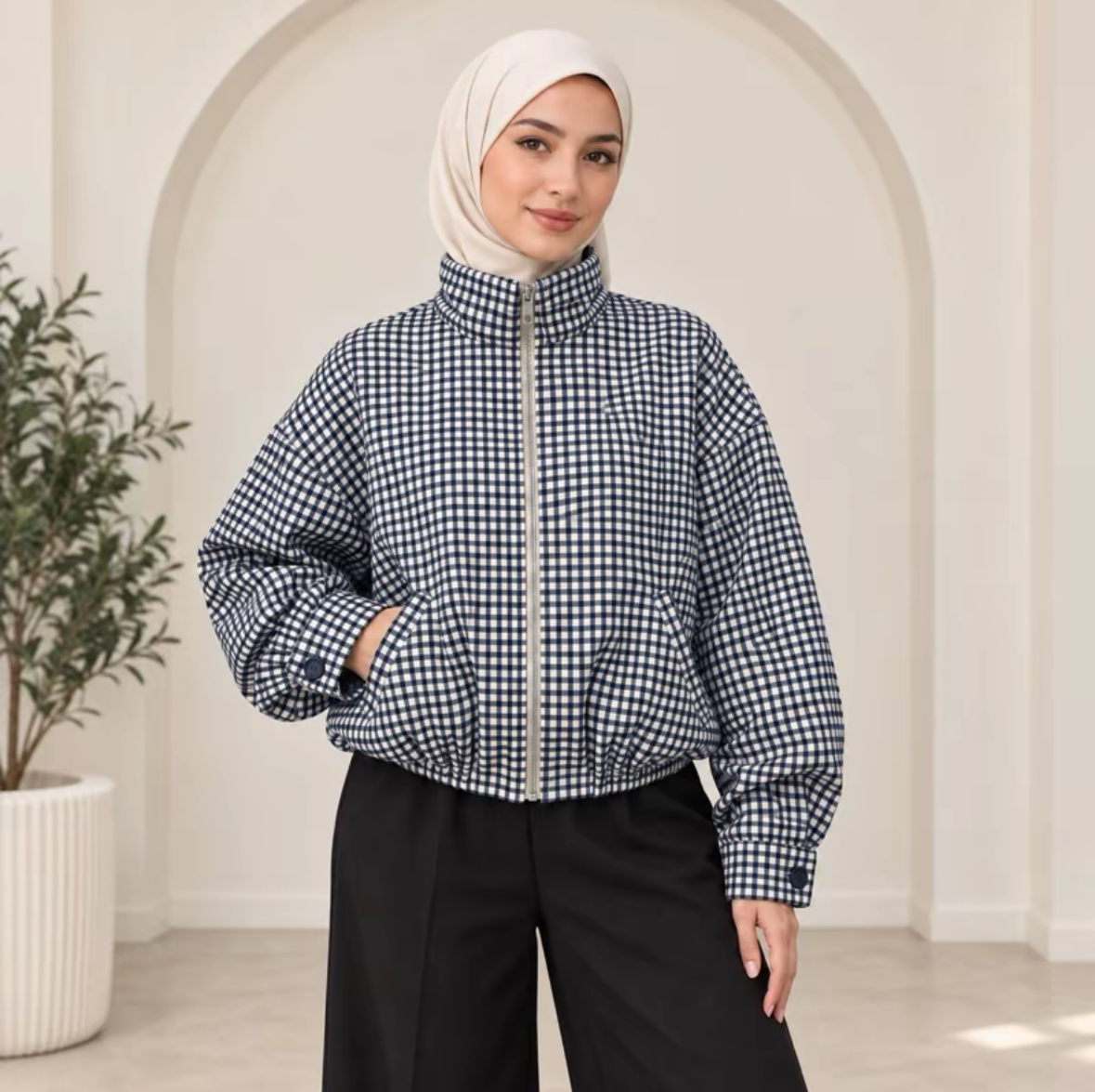 Veste à carreaux avec fermeture éclair et manches élastiques SALIHA MODE