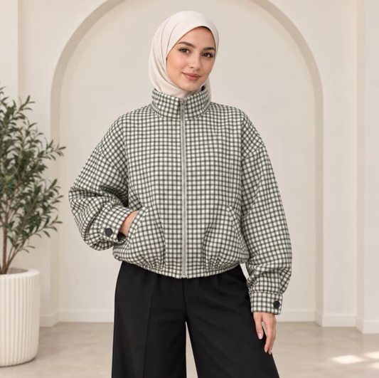 Veste à carreaux avec fermeture éclair et manches élastiques SALIHA MODE