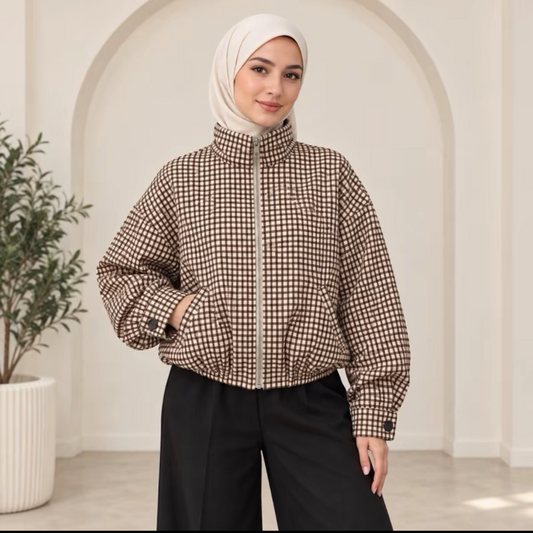 Veste à carreaux avec fermeture éclair et manches élastiques SALIHA MODE